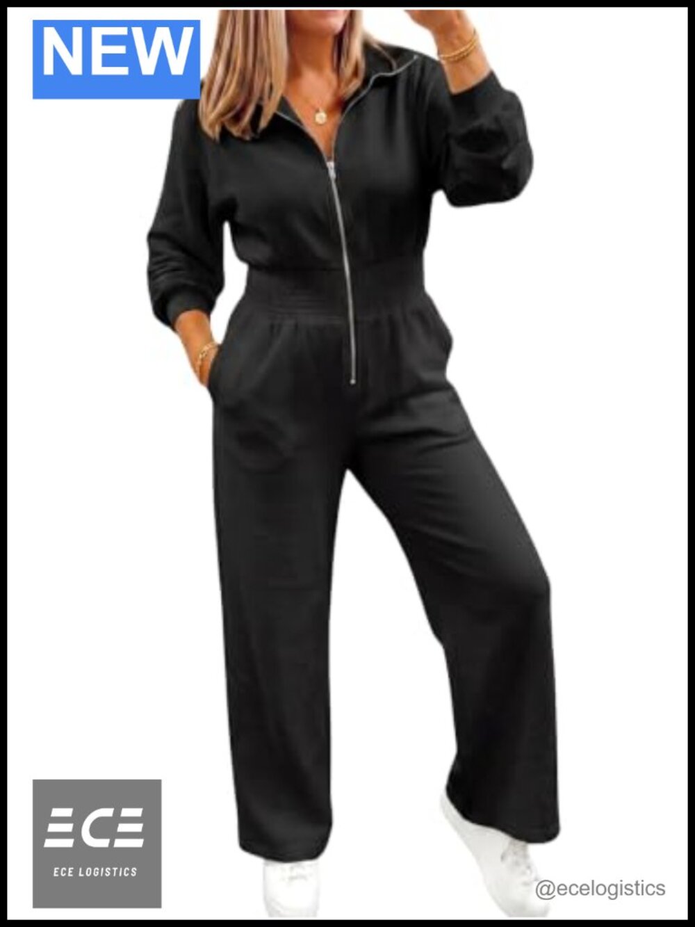 Womens Long Sleeve Jumpsuit Zip Lapel Smocked Waist Wide Leg Pockets